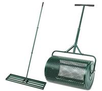 Set di rastrello livellatore per prato e spargitore per compost, 2 in 1, in rete metallica, con manico a T, per la cura del giardino