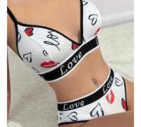 Set di reggiseno da donna, biancheria intima con stampa di lettere e labbra, comoda e delicata sulla pelle, reggiseno a triangolo L,M,S,XLLetterePoliestere