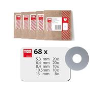 Set di rondelle TOX (96 pezzi), zincate, DIN 125, protezione da danni, rondelle in 5 misure comuni (5,3/6,4/8,4/10,5 e 13 mm) in confezione di carta ecologica, 09990916