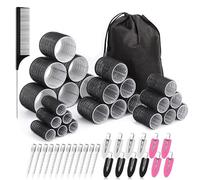 Set di rotoli per capelli senza calore, 4 dimensioni di bigodini adesivi, 24 clip, pettine e borsa portaoggetti per salone, come volume di gonfiaggio, nero