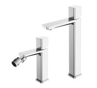 Set di rubinetti lavabo alto e bidet in ottone cromato con manopola senza leva e piletta universale click clack in acciaio, LOTUS
