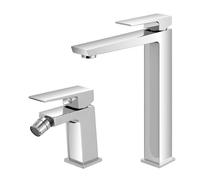 Set Miscelatori Per Lavabo Alto E Bidet In Ottone Cromato Della Linea Kubo, Completo Di Pilette Click Clack E Kit Di Montaggio