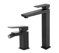 Set Miscelatori Per Lavabo Alto E Bidet In Ottone Nero Opaco Della Linea Kubo, Completo Di Pilette Click Clack E Kit Di Montaggio