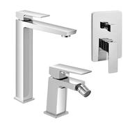 Set Miscelatori Per Lavabo Da Appoggio, Bidet E Doccia In Ottone Cromato Della Linea Kubo, Completo Di Pilette Click Clack E Corpo Da Incasso