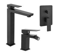 Set Miscelatori Per Lavabo Da Appoggio, Bidet E Doccia In Ottone Nero Opaco Della Linea Kubo, Completo Di Pilette Click Clack E Corpo Da Incasso