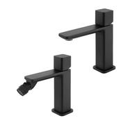 Set Miscelatori Per Lavabo E Bidet Con Manopola Senza Leva In Ottone Nero Opaco Della Linea Lotus, Completo Di Pilette Click Clack E Kit Di Montaggio