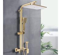 Set di rubinetti per doccia, asta per doccia e soffione dorati spazzolati, sistema doccia a parete, set di 2 funzioni, valvola grossa e pannello doccia con doccetta, 31,5 x 22 cm, regolabile