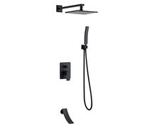 Set di rubinetti per doccia contemporanei con valvola in ceramica a parete in ottone massiccio per vasca da bagno e doccia, miscelatore nero con soffione e tubo doccia, C