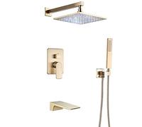 Set di rubinetti per doccia in oro spazzolato, soffione doccia a pioggia a LED con doccetta, sistema doccia a parete con beccuccio per vasca a cascata, 20,3 cm