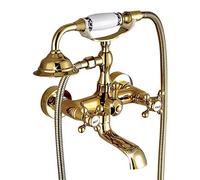 Set di rubinetti per vasca da bagno in stile retrò dorato con doccetta, rubinetto a parete, design a due maniglie, cartuccia in ceramica, struttura in ottone, supporto doccia incluso