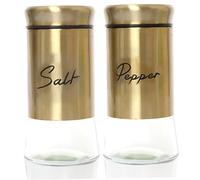 Set di saliera e pepiera in vetro da 150 ml, con coperchi in acciaio inox, ricaricabili, accessori per sale da cucina, colore: oro