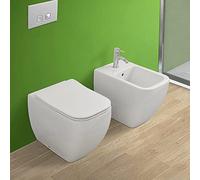 Set di Sanitari Filo Muro a Terra, in Ceramica Bianco Lucido Design Moderno, Include copriwc Slim Soft Close, Serie Metropolitan