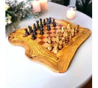 Set di scacchi artigianali in legno di ulivo con forma organica unica, elegante scacchiera decorativa con intricati pezzi intagliati per gli appassionati di scacchi (25 x 25 cm, area di gioco 16 x 16