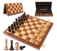 Set di scacchi in legno, scacchiera pieghevole da 38 cm, con 2 pezzi extra queens fatti a mano e archiviazione sicura, set di scacchi da viaggio portatile per adulti, bambini, principianti, tornei