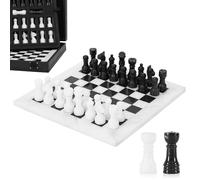 Set di scacchi in marmo per adulti, 25,4 cm, fatto a mano, bianco e nero, con 32 pezzi di scacchi, 2 regine extra e scatola portaoggetti, gioco da viaggio di lusso, regalo elegante per la decorazione