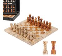 Set di scacchi in marmo per adulti, 25,4 cm, fatto a mano, corallo e marrone scuro, con 32 pezzi di scacchi, 2 regine extra e scatola portaoggetti, gioco da viaggio di lusso, regalo elegante per la
