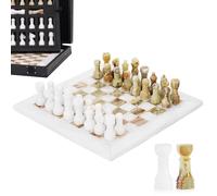 Set di scacchi in marmo per adulti, 25,4 cm, fatto a mano, in onice, bianco e verde, con 32 pezzi di scacchi, 2 regine extra e scatola portaoggetti, gioco da viaggio di lusso, regalo elegante per la