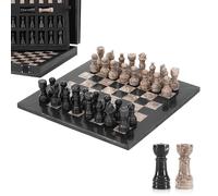Set di scacchi in marmo per adulti, 25,4 cm, fatto a mano, nero e oceanico, con 32 pezzi di scacchi, 2 regine extra e scatola portaoggetti, gioco da viaggio di lusso, regalo elegante per la