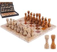 Set di scacchi in marmo per adulti, gioco da tavolo fatto a mano da 12 pollici con 32 pezzi degli scacchi, 2 regine extra e scatola portaoggetti, regalo per la casa (Coral & Dark Brown)