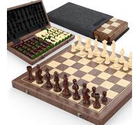 Set di scacchi magnetici e dama in noce, 38 cm, gioco da tavolo pieghevole 2 in 1 con personaggi Staunton, 2 donne extra, mattoncini e sacchetto antipolvere (nero)