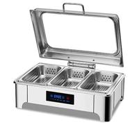 Set di scaldavivande in acciaio inox con tripla griglia LED con controllo della temperatura e coperchio apribile visibile per catering ed eventi banchetti