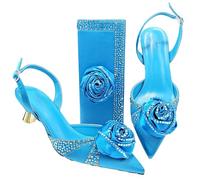 Set di scarpe da donna con tacco alto decorato con fiori e borsa abbinata, per matrimoni e feste, blu cielo, 43 EU