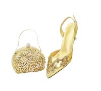 Set di scarpe e borse italiane per le donne nigeriane scarpe e borse set per feste con diamanti borsa pompe a punta con tacco alto, Oro, 42.5 EU