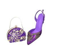 Set di scarpe e borse italiane per le donne nigeriane scarpe e borse set per feste con diamanti borsa pompe a punta con tacco alto, Viola, 41.5 EU