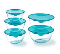 Pyrex – Set da 5 ciotole con coperchi – Vetro borosilicato – 1×0,5L+2×1L+2×2L – Trasparente Turchese