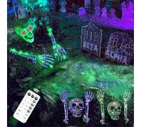 Set di scheletro luminoso per Halloween, con teschio, 1 teschio e 2 mani con 2 pezzi da 3 metri, 30 LED viola e verde, catena luminosa e telecomando, decorazione per giardino, prato, cimitero, festa