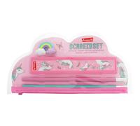 Set di scrittura "Unicorno": set di scrittura composto da righello, gomma arcobaleno e due penne di supporto in confezione figurata