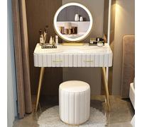 Set di scrivania da trucco in legno bianco con specchio a LED, sgabello imbottito, armadietto laterale grande cassetto, perfetto per camere da letto ragazze e donne (80 cm)