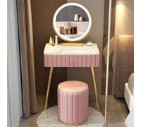 Set di scrivania da trucco in legno rosa chiaro con specchio LED, sgabello e armadietto laterale, grande cassetto, perfetto per camere da letto e spogliatoi, ideale per ragazze e donne (60 cm)