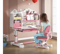 Set di scrivania e sedia per bambini, tavolo da studio regolabile in altezza con scrivania inclinabile di 50 gradi, postazione di lavoro ergonomica per studenti, set di sedie da studio con libreria