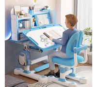 Set di scrivania e sedia per bambini, tavolo ergonomico regolabile in altezza con scrivania inclinabile, cassetto, design per prevenire la miopia, tavolo da scrittura per studenti con libreria,