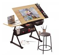 Set di scrivania e sgabello regolabili in legno massello con cassetti e ripiani laterali, altezza e angolo di controllo, perfetto per artisti e designer