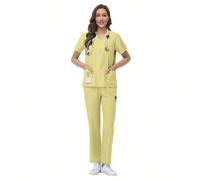 Set di scrub da donna per SPA, top a maniche corte morbido e traspirante opaco e pantaloni a gamba dritta, adatto per estetiste, tecnici unghie, infermiere, giallo L,M,S,XL,XXLTessuto intrecciato