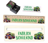 Set di scuola per bambini - regalo per l'inizio della scuola per ragazzi e ragazze - righello, gomma, aiuto per la lettura - 3 misure (mini, standard, Premium) - Dino, unicorno, calcio (Monster Truck