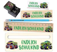 Set di scuola per bambini - regalo per l'inizio della scuola per ragazzi e ragazze - righello, gomma, aiuto per la lettura - 3 misure (mini, standard, Premium) - Dino, unicorno, calcio (Monster Truck