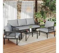 Set di sedie da giardino con comodo cuscino, divano a 3 posti, 2 poltrone e tavolino da caffè, per esterni, piano in vetro, braccioli intrecciati, acciaio zincato (grigio-B)