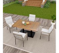 Set di sedie e tavolo da pranzo da 5 pezzi, per esterni per 4 persone, piano in legno di acacia massiccio, sedie con avvolgimento in rattan sintetico, adatto per pasti nel cortile posteriore (bianco e