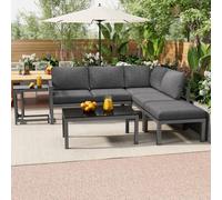 Set di sedie lounge da giardino, per 4-5 persone, con tavolino e tavolino da salotto, resistente alle intemperie, colore grigio, set da 5 pezzi, con tutti i cuscini
