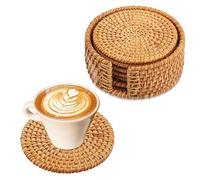 Set di sottobicchieri in rattan con supporto - Set da 6 sottobicchieri per bicchieri, tazze, bar - Sottobicchieri rotondi in sughero per bevande - Decorativi - Set di sottobicchieri in vetro