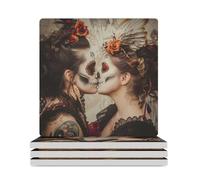 Set di sottobicchieri quadrati con motivo a teschio messicano, amante lesbico e bacio, protezione per tavolino da caffè, per arredamento casa, 4 pezzi