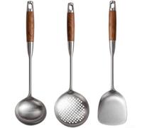 Set di spatole professionali con manico in legno, nucleo in acciaio 316L, utensili da cucina multiuso per saltare, capovolgere, servire, accessori da cucina resistenti al calore, 38 cm (set da 3 pezzi