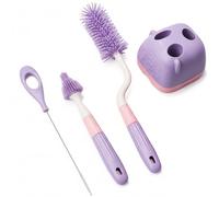 Set di spazzole per biberon con supporto - Kit di spazzole per biberon in silicone da 3 pezzi per, tettarelle, cannucce |.Neonato in silicone viola con supporto