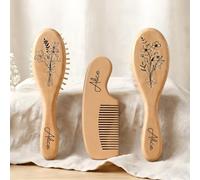 Set Di Spazzole Per Capelli In Legno Per Neonati, Spazzola E Pettine Personalizzati Con Incisione Del Nome/fiore Natale, Regalo Personalizzato Ricordo Per Neonati