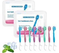 Set di spazzolini da denti e filo interdentale, 5 in 1, mini spazzolino da denti da viaggio pre-incollato, con filo interdentale, plettro e raschietto lingua, mini spazzolini usa e getta in viaggio