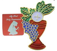 Set di spille per la prima comunione con calice per ragazze con confezione di biglietti di preghiera sacra, One inch, Metallo, Senza pietra