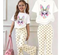 Set di stampa di Pasqua con coniglietto e farfalla che fanno bolle, composto da maglietta oversize e pantaloni a zampa con pois, adatto per uso quotidiano, scuola e uscite nel fine settimana 6Y,7Y,8Y,